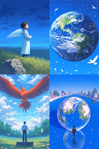 许多天使环绕地球，全景构图，宇宙环境，超广镜头，冷色调，逆光，无云，神秘，火焰动态，星球元素，高分辨率，深邃感，漫画风格，水彩质感，儿童画色彩
