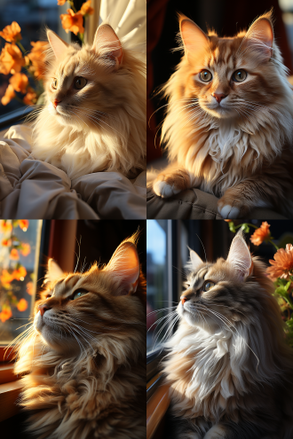 猫，居中构图，柔和光线，室内环境，特写镜头，高清画质，慵懒姿态，毛茸茸，暖色调，闲适。