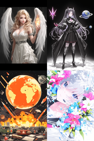 许多天使环绕地球，全景构图，宇宙环境，超广镜头，冷色调，逆光，无云，神秘，火焰动态，星球元素，高分辨率，深邃感，漫画风格，水彩质感，儿童画色彩