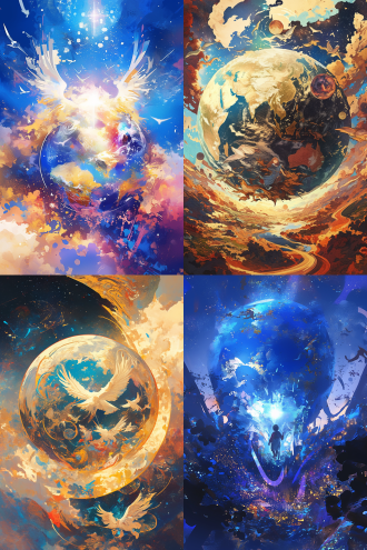 许多天使环绕地球，全景构图，宇宙环境，超广镜头，冷色调，逆光，无云，神秘，火焰动态，星球元素，高分辨率，深邃感，漫画风格，水彩质感，儿童画色彩