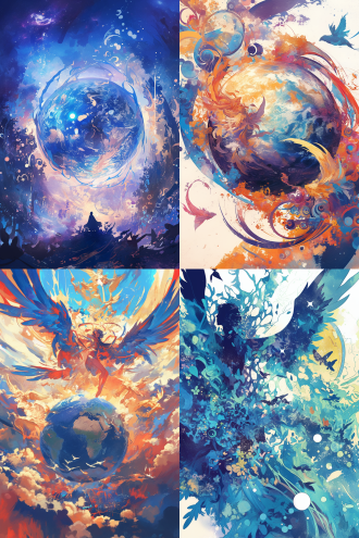 许多天使环绕地球，全景构图，宇宙环境，超广镜头，冷色调，逆光，无云，神秘，火焰动态，星球元素，高分辨率，深邃感，漫画风格，水彩质感，儿童画色彩