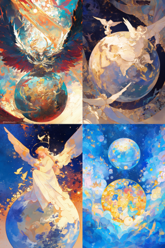 许多天使环绕地球，全景构图，宇宙环境，超广镜头，冷色调，逆光，无云，神秘，火焰动态，星球元素，高分辨率，深邃感，漫画风格，水彩质感，儿童画色彩