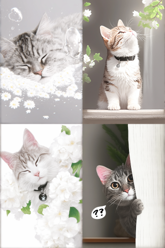 小猫在花丛里玩耍，三分法构图，色彩鲜艳，花园环境，微距镜头，自然光，慢快门，嬉戏，可爱，花瓣元素。