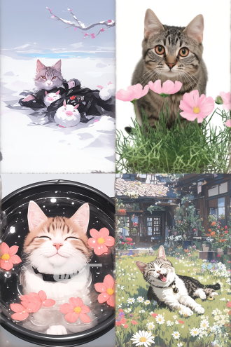 小猫在花丛里玩耍，居中构图，色彩鲜艳，花园环境，微距镜头，自然光，慢快门，灵动，花瓣元素，可爱，愉悦。