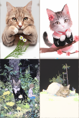 小猫在花丛里玩耍，居中构图，色彩鲜艳，花园环境，微距镜头，自然光，动态模糊，跳跃，活泼，花瓣元素。