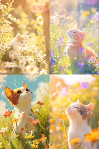 小猫在花丛里玩耍，三分法构图，色彩鲜艳，花园环境，微距镜头，自然光，慢快门，嬉戏，可爱，花瓣元素。