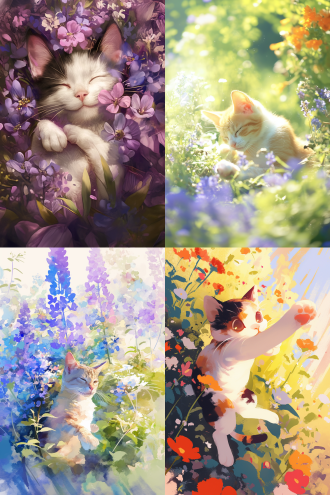 小猫在花丛里玩耍，居中构图，色彩鲜艳，花园环境，微距镜头，自然光，动态模糊，跳跃，活泼，花瓣元素。