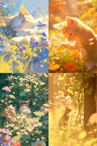 小猫在花丛里玩耍，居中构图，色彩鲜艳，花园环境，微距镜头，自然光，慢快门，灵动，花瓣元素，可爱，愉悦。