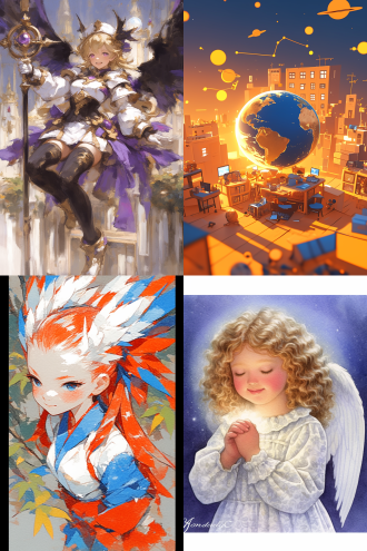 许多天使环绕地球，全景构图，宇宙无云环境，超广镜头，冷色调逆光，火焰动态，带星球元素，漫画水彩质感，神秘深邃，高分辨率，儿童画色彩 。