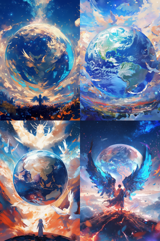 许多天使环绕地球，全景，宇宙无云环境，超广镜头，冷色逆光，火焰动态，星球元素，高分辨率，神秘深邃，漫画水彩儿童画风格 。