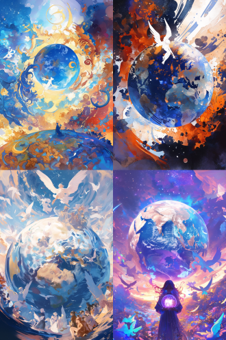 许多天使环绕地球，全景，宇宙无云环境，超广镜头，冷色逆光，火焰动态，星球元素，高分辨率，神秘深邃，漫画水彩儿童画风格 。