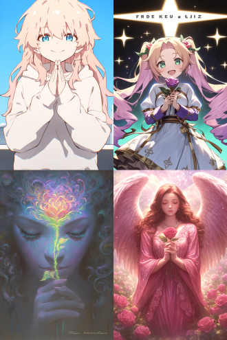 天使双手放胸口拿玫瑰，金色长卷发，蓝绿眼，粉色蕾丝裙，宇宙星空背景，顶光，超广镜头，冷色逆光，神秘深邃，8k。