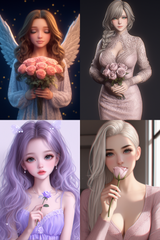 天使双手放胸口拿玫瑰，金色长卷发，蓝绿眼，粉蕾丝裙，宇宙星空黑夜背景，8k超广，顶光冷色逆光，神秘。 黑 数码绘画 oc渲染器 虚幻引擎