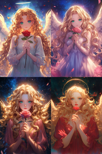 天使双手放胸口拿玫瑰，金色长卷发，蓝绿眼，粉色蕾丝裙，宇宙星空背景，顶光，超广镜头，冷色逆光，神秘深邃，8k。