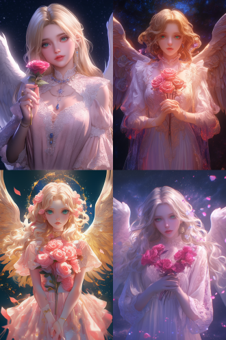 天使双手放胸口拿玫瑰，金色长发蓝绿眼，粉色蕾丝裙，宇宙星空黑夜背景，顶光，超广镜头，冷色逆光，神秘深邃，8k 细腻笔触。 黑 数码绘画 oc渲染器 虚幻引擎