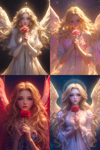 天使双手放胸口拿玫瑰，金色长发蓝绿眼，粉色蕾丝裙，宇宙星空黑夜背景，顶光，超广镜头，冷色逆光，神秘深邃，8k 细腻笔触。 黑 数码绘画 oc渲染器 虚幻引擎