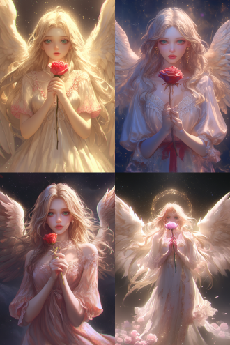 天使双手放胸口拿玫瑰，金色长发蓝绿眼，粉色蕾丝裙，宇宙星空黑夜背景，顶光，超广镜头，冷色逆光，神秘深邃，8k 细腻笔触。 黑 数码绘画 oc渲染器 虚幻引擎