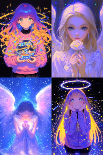 天使双手放胸口持玫瑰，金色长发蓝绿眼着粉色蕾丝裙，宇宙星空黑夜背景，超广镜头，顶光冷色逆光，神秘深邃，8k数码绘画。