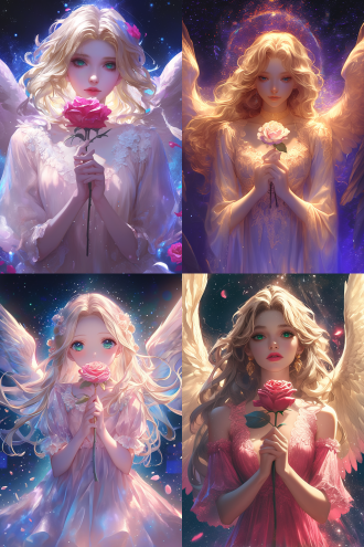 天使双手放胸口持玫瑰，金色长发蓝绿眼着粉色蕾丝裙，宇宙星空黑夜背景，超广镜头，顶光冷色逆光，神秘深邃，8k数码绘画。