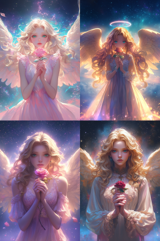 天使双手放胸口持玫瑰，金色长发蓝绿眼着粉色蕾丝裙，宇宙星空黑夜背景，超广镜头，顶光冷色逆光，神秘深邃，8k数码绘画。