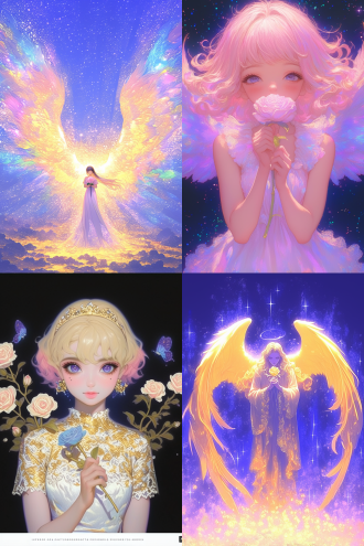 天使双手放胸口持玫瑰，白渐变粉长发紫眼，粉色蕾丝裙，宇宙星空黑夜背景，顶光，超广镜头，冷色逆光，8k数码绘画，神秘。