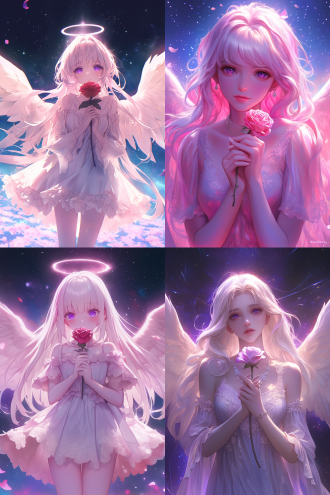 天使双手放胸口持玫瑰，白渐变粉长发紫眼，着粉色蕾丝裙，宇宙星空黑夜背景，超广镜头，顶光冷色逆光，8k数码绘画 。