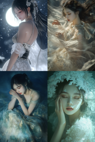 fjgmk,fjgjstyle,fjgcy，月仙，在皎洁的月光下，身着细腻编织的月华纱裙，柔和清冷的光辉，环绕着静谧而空灵的氛围，和谐统一的布局，适中的景深，安详娴雅的姿态，恬淡而熠熠生辉的神情，灵动而神秘的气息，与目光齐平的视角，繁复而精巧的纱裙装饰，清新淡雅的妆容，灵动而飘逸的发丝，清雅而迷人的气质，清冷淡雅的色调，超现实的风格，紧闭的双唇，纤细的手指，精致的足尖，优雅地摆姿，精致的形象，绝美的风姿。