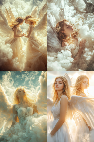 天使在圣洁天堂，和谐布局，浅景深，平视视角，明亮柔和色调，梦幻风，披云霞羽衣，金发飘逸，优雅摆姿，神圣宁静 。 新海诚风格