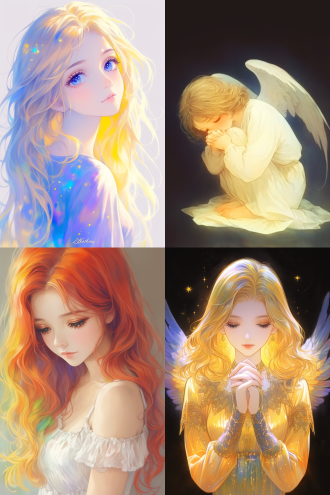 天使，在圣洁的天堂中，身披轻盈飘逸的云霞羽衣，柔和温暖的圣光，弥漫着宁静而神圣的氛围，和谐有序的布局，恰到好处的景深，宁静祥和的姿态，温和而光彩夺目的神情，纯净而庄重的气息，与目光平齐的视角，精致而华丽的羽衣装饰，纯净无瑕的妆容，柔顺而飘逸的金发，高雅而迷人的气质，明亮柔和的色调，梦幻般的风格，微启的双唇，修长的手指，灵巧的足尖，优雅地摆姿，精致的形象，绝美的风姿。