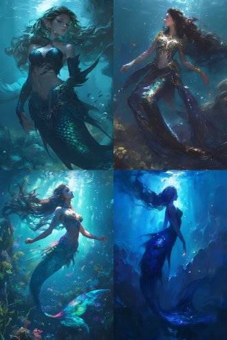 在幽蓝深邃的海底世界，一位美人鱼轻盈游弋。她拥有着一头如墨般浓密的长发，在水中柔顺地飘散，仿佛被赋予了生命，随着水流的节奏轻轻摇曳。那双灵动的大眼睛，宛如两颗璀璨的宝石，闪烁着对未知世界的好奇与渴望，透露出一种纯真而神秘的光芒。 她的上半身肌肤白皙如凝脂，细腻光滑，毫无瑕疵。精致的锁骨在水中若隐若现，更添一份诱人魅力。而那条闪耀着鳞光的鱼尾，无疑是她最独特的标志。鱼尾呈现出梦幻般的渐变色彩，从浅蓝过渡到深蓝，再融入一抹神秘的紫色，宛如一幅绚丽的画卷。在阳光透过水面洒下的斑驳光影中，鳞片闪烁着耀眼的光芒，如同镶嵌了无数颗细小的钻石，熠熠生辉。 美人鱼在水下舞动着曼妙的身姿，鱼尾轻轻摆动，划出一道道优美的弧线，卷起一圈圈涟漪。她时而穿梭于珊瑚丛中，与五彩斑斓的鱼儿嬉戏；时而潜入深海的幽暗处，探寻那些隐藏在岩石缝隙中的神秘宝藏。她的每一次呼吸，都吐出一串串晶莹的气泡，缓缓上升，消失在水面上。在这片属于她的神秘海域，美人鱼宛如一位优雅的舞者，尽情演绎着属于海洋的浪漫与奇幻。