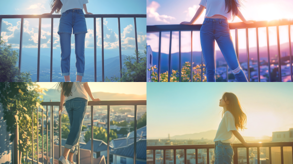 阳光洒在露台上，暖意融融。女孩站在栏杆旁，微闭双眼，任凭轻柔的微风拂过脸颊。她身穿一条经典款式的牛仔裤，裤腿微微挽起，露出一截白皙的脚踝，搭配着一双简约的白色帆布鞋，显得随性又自在。上身是一件宽松的白色t恤，领口和袖口都带着一丝随性的褶皱，t恤下摆随意地打了个结，勾勒出纤细的腰身。 微风轻抚，牛仔裤随风轻轻摆动，发出细微的摩擦声。t恤的衣角也被吹得飞扬起来，仿佛在和风儿嬉戏。女孩的长发在风中飘扬，几缕发丝轻拂过她的脸庞，她微微侧头，露出一个浅浅的微笑，似乎在享受这惬意的时光。她双手轻轻搭在栏杆上，目光投向远方，眼前是湛蓝的天空和连绵的山峦，耳边是风的呢喃和鸟儿的轻啼，整个世界都仿佛在这一刻静止，只留下她与这美好的自然风光相伴，享受着这份宁静与自由。