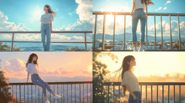 阳光洒在露台上，暖意融融。女孩站在栏杆旁，微闭双眼，任凭轻柔的微风拂过脸颊。她身穿一条经典款式的牛仔裤，裤腿微微挽起，露出一截白皙的脚踝，搭配着一双简约的白色帆布鞋，显得随性又自在。上身是一件宽松的白色t恤，领口和袖口都带着一丝随性的褶皱，t恤下摆随意地打了个结，勾勒出纤细的腰身。 微风轻抚，牛仔裤随风轻轻摆动，发出细微的摩擦声。t恤的衣角也被吹得飞扬起来，仿佛在和风儿嬉戏。女孩的长发在风中飘扬，几缕发丝轻拂过她的脸庞，她微微侧头，露出一个浅浅的微笑，似乎在享受这惬意的时光。她双手轻轻搭在栏杆上，目光投向远方，眼前是湛蓝的天空和连绵的山峦，耳边是风的呢喃和鸟儿的轻啼，整个世界都仿佛在这一刻静止，只留下她与这美好的自然风光相伴，享受着这份宁静与自由。