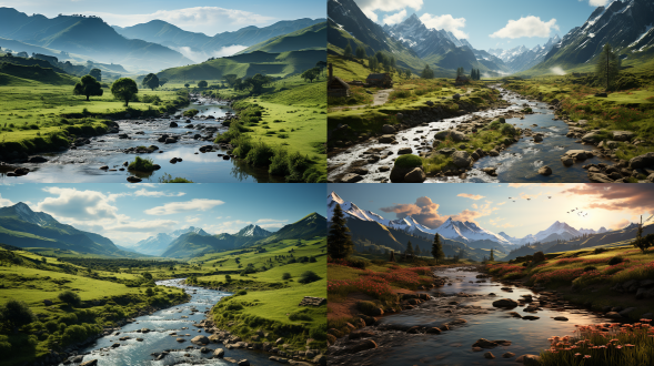 在一片幽静的山谷中，晨曦初露，金色的阳光透过稀疏的云层，洒在翠绿的山林间，斑驳陆离。山谷里弥漫着清新的空气，夹杂着泥土和野花的芬芳，让人心旷神怡。 山谷的深处，有一泓清澈见底的泉水，宛如一块晶莹剔透的碧玉镶嵌在大地之上。泉水从山间石缝中潺潺流出，汇成一条欢快的小溪，溪水在阳光的照耀下闪烁着银光，宛如一条蜿蜒的银蛇。溪边长满了青翠的水草，随风轻轻摇曳，仿佛在向过往的生灵致意。 一群小鸟在山谷上空欢快地飞翔，它们的羽毛在阳光下闪烁着五彩斑斓的光芒。小鸟们时而盘旋，时而俯冲，发出清脆悦耳的鸣叫声，仿佛在歌唱着大自然的赞歌。它们在树梢间穿梭，与树叶嬉戏，为这片宁静的山谷增添了几分灵动与生机。 在这片神秘的山谷中，还住着一群可爱的精灵。他们身材娇小，皮肤白皙如雪，拥有一双透明的翅膀，翅膀上闪烁着星星般的光芒。精灵们穿着用树叶和花瓣编织的衣裳，头戴花环，脚踏草鞋，显得格外清新自然。他们或在泉水边嬉戏，或在树梢间跳跃，或在花丛中翩翩起舞，与大自然和谐共处，宛如一个个灵动的精灵使者。 当夜幕降临，山谷被一层淡淡的薄雾笼罩，显得更加神秘而宁静。精灵们点亮了手中的萤火虫灯笼，那微弱的光芒在夜色中闪烁，如同点点繁星。他们围坐在泉水边，弹奏着古老的乐器，唱着悠扬的歌曲，歌声在山谷中回荡，与溪水的潺潺声、树叶的沙沙声交织在一起，奏响了一曲大自然的交响乐。在这片神奇的山谷中，泉水、小鸟和精灵们共同编织着一个又一个美丽的传说，让这片土地充满了神秘与魅力。 宫崎骏 极简主义 oc渲染器 虚幻引擎 新海诚风格