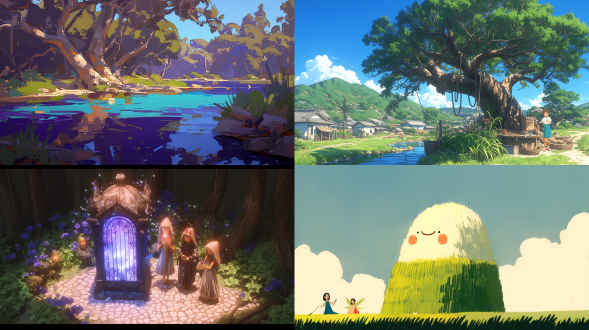 在一片幽静的山谷中，晨曦初露，金色的阳光透过稀疏的云层，洒在翠绿的山林间，斑驳陆离。山谷里弥漫着清新的空气，夹杂着泥土和野花的芬芳，让人心旷神怡。 山谷的深处，有一泓清澈见底的泉水，宛如一块晶莹剔透的碧玉镶嵌在大地之上。泉水从山间石缝中潺潺流出，汇成一条欢快的小溪，溪水在阳光的照耀下闪烁着银光，宛如一条蜿蜒的银蛇。溪边长满了青翠的水草，随风轻轻摇曳，仿佛在向过往的生灵致意。 一群小鸟在山谷上空欢快地飞翔，它们的羽毛在阳光下闪烁着五彩斑斓的光芒。小鸟们时而盘旋，时而俯冲，发出清脆悦耳的鸣叫声，仿佛在歌唱着大自然的赞歌。它们在树梢间穿梭，与树叶嬉戏，为这片宁静的山谷增添了几分灵动与生机。 在这片神秘的山谷中，还住着一群可爱的精灵。他们身材娇小，皮肤白皙如雪，拥有一双透明的翅膀，翅膀上闪烁着星星般的光芒。精灵们穿着用树叶和花瓣编织的衣裳，头戴花环，脚踏草鞋，显得格外清新自然。他们或在泉水边嬉戏，或在树梢间跳跃，或在花丛中翩翩起舞，与大自然和谐共处，宛如一个个灵动的精灵使者。 当夜幕降临，山谷被一层淡淡的薄雾笼罩，显得更加神秘而宁静。精灵们点亮了手中的萤火虫灯笼，那微弱的光芒在夜色中闪烁，如同点点繁星。他们围坐在泉水边，弹奏着古老的乐器，唱着悠扬的歌曲，歌声在山谷中回荡，与溪水的潺潺声、树叶的沙沙声交织在一起，奏响了一曲大自然的交响乐。在这片神奇的山谷中，泉水、小鸟和精灵们共同编织着一个又一个美丽的传说，让这片土地充满了神秘与魅力。 宫崎骏 极简主义 oc渲染器 虚幻引擎 新海诚风格