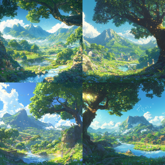 在一片幽静的山谷中，晨曦初露，金色的阳光透过稀疏的云层，洒在翠绿的山林间，斑驳陆离。山谷里弥漫着清新的空气，夹杂着泥土和野花的芬芳，让人心旷神怡。 山谷的深处，有一泓清澈见底的泉水，宛如一块晶莹剔透的碧玉镶嵌在大地之上。泉水从山间石缝中潺潺流出，汇成一条欢快的小溪，溪水在阳光的照耀下闪烁着银光，宛如一条蜿蜒的银蛇。溪边长满了青翠的水草，随风轻轻摇曳，仿佛在向过往的生灵致意。 一群小鸟在山谷上空欢快地飞翔，它们的羽毛在阳光下闪烁着五彩斑斓的光芒。小鸟们时而盘旋，时而俯冲，发出清脆悦耳的鸣叫声，仿佛在歌唱着大自然的赞歌。它们在树梢间穿梭，与树叶嬉戏，为这片宁静的山谷增添了几分灵动与生机。 在这片神秘的山谷中，还住着一群可爱的精灵。他们身材娇小，皮肤白皙如雪，拥有一双透明的翅膀，翅膀上闪烁着星星般的光芒。精灵们穿着用树叶和花瓣编织的衣裳，头戴花环，脚踏草鞋，显得格外清新自然。他们或在泉水边嬉戏，或在树梢间跳跃，或在花丛中翩翩起舞，与大自然和谐共处，宛如一个个灵动的精灵使者。 当夜幕降临，山谷被一层淡淡的薄雾笼罩，显得更加神秘而宁静。精灵们点亮了手中的萤火虫灯笼，那微弱的光芒在夜色中闪烁，如同点点繁星。他们围坐在泉水边，弹奏着古老的乐器，唱着悠扬的歌曲，歌声在山谷中回荡，与溪水的潺潺声、树叶的沙沙声交织在一起，奏响了一曲大自然的交响乐。在这片神奇的山谷中，泉水、小鸟和精灵们共同编织着一个又一个美丽的传说，让这片土地充满了神秘与魅力。 宫崎骏 极简主义 oc渲染器 虚幻引擎 新海诚风格