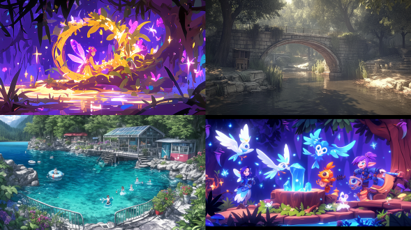 在一片幽静的山谷中，晨曦初露，金色的阳光透过稀疏的云层，洒在翠绿的山林间，斑驳陆离。山谷里弥漫着清新的空气，夹杂着泥土和野花的芬芳，让人心旷神怡。 山谷的深处，有一泓清澈见底的泉水，宛如一块晶莹剔透的碧玉镶嵌在大地之上。泉水从山间石缝中潺潺流出，汇成一条欢快的小溪，溪水在阳光的照耀下闪烁着银光，宛如一条蜿蜒的银蛇。溪边长满了青翠的水草，随风轻轻摇曳，仿佛在向过往的生灵致意。 一群小鸟在山谷上空欢快地飞翔，它们的羽毛在阳光下闪烁着五彩斑斓的光芒。小鸟们时而盘旋，时而俯冲，发出清脆悦耳的鸣叫声，仿佛在歌唱着大自然的赞歌。它们在树梢间穿梭，与树叶嬉戏，为这片宁静的山谷增添了几分灵动与生机。 在这片神秘的山谷中，还住着一群可爱的精灵。他们身材娇小，皮肤白皙如雪，拥有一双透明的翅膀，翅膀上闪烁着星星般的光芒。精灵们穿着用树叶和花瓣编织的衣裳，头戴花环，脚踏草鞋，显得格外清新自然。他们或在泉水边嬉戏，或在树梢间跳跃，或在花丛中翩翩起舞，与大自然和谐共处，宛如一个个灵动的精灵使者。 当夜幕降临，山谷被一层淡淡的薄雾笼罩，显得更加神秘而宁静。精灵们点亮了手中的萤火虫灯笼，那微弱的光芒在夜色中闪烁，如同点点繁星。他们围坐在泉水边，弹奏着古老的乐器，唱着悠扬的歌曲，歌声在山谷中回荡，与溪水的潺潺声、树叶的沙沙声交织在一起，奏响了一曲大自然的交响乐。在这片神奇的山谷中，泉水、小鸟和精灵们共同编织着一个又一个美丽的传说，让这片土地充满了神秘与魅力。 白金 绿野仙踪 橄榄绿 黄 柠檬黄 黑光 漫画