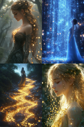 在一片宁静而神秘的夜空下，繁星点点，银河如一条璀璨的丝带横贯天际。星光洒在大地上，为这片静谧的世界披上了一层银色的轻纱。在这片星空下，一位女神轻轻漫步，她的身影在星光的映照下显得格外神圣而美丽。 女神的长发如瀑布般披散在肩头，眼中闪烁着星辰般的光芒。她身着一袭轻纱长裙，裙摆上缀满了细碎的水晶，在星光下熠熠生辉。她的肌肤白皙如雪，透出一种不食人间烟火的纯净之美。 在女神的手中，捧着一个精美的陶土罐子。这个罐子由古老的陶土制成，表面刻满了神秘的符文，仿佛蕴含着无尽的力量。罐子的口部微微敞开，里面装满了闪闪发光的金币。这些金币在星光的照耀下，闪烁着金色的光芒，宛如一个个小太阳。 女神轻轻举起陶土罐子，放在肩膀上，缓缓倾斜。金币从罐子中倾泻而出，如同金色的瀑布，洒落在大地上。每一枚金币都闪烁着耀眼的光芒，仿佛是星辰的碎片，落入凡间。金币落在地上，发出清脆的声响，仿佛是天籁之音，回荡在这片宁静的夜空下。 随着金币的倾泻，水元素也开始在女神的周围汇聚。清澈的水流从天而降，与金币交织在一起，形成了一幅美丽的画面。水流在星光的映照下，闪烁着银色的光芒，与金色的金币相互辉映，如同梦幻中的景象。 女神站在星空下，陶土罐子中的金币与水元素的水流交织在一起，构成了一幅神秘而美丽的画面。金币的金色与水流的银色相互交织，仿佛是天地间的精华汇聚于此。女神的脸上露出一丝微笑，仿佛在祝福着这片大地，愿它永远充满希望与繁荣。 在这个宁静的夜晚，星空、金币、水元素与女神共同构成了一幅永恒的画面，让人不禁为之陶醉。这不仅是一幅美丽的画面，更是大自然与神性力量的完美融合，象征着希望、繁荣与和谐。