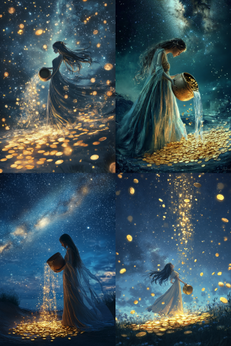 在一片宁静而神秘的夜空下，繁星点点，银河如一条璀璨的丝带横贯天际。星光洒在大地上，为这片静谧的世界披上了一层银色的轻纱。在这片星空下，一位女神轻轻漫步，她的身影在星光的映照下显得格外神圣而美丽。 女神的长发如瀑布般披散在肩头，眼中闪烁着星辰般的光芒。她身着一袭轻纱长裙，裙摆上缀满了细碎的水晶，在星光下熠熠生辉。她的肌肤白皙如雪，透出一种不食人间烟火的纯净之美。 在女神的手中，捧着一个精美的陶土罐子。这个罐子由古老的陶土制成，表面刻满了神秘的符文，仿佛蕴含着无尽的力量。罐子的口部微微敞开，里面装满了闪闪发光的金币。这些金币在星光的照耀下，闪烁着金色的光芒，宛如一个个小太阳。 女神轻轻举起陶土罐子，放在肩膀上，缓缓倾斜。金币从罐子中倾泻而出，如同金色的瀑布，洒落在大地上。每一枚金币都闪烁着耀眼的光芒，仿佛是星辰的碎片，落入凡间。金币落在地上，发出清脆的声响，仿佛是天籁之音，回荡在这片宁静的夜空下。 随着金币的倾泻，水元素也开始在女神的周围汇聚。清澈的水流从天而降，与金币交织在一起，形成了一幅美丽的画面。水流在星光的映照下，闪烁着银色的光芒，与金色的金币相互辉映，如同梦幻中的景象。 女神站在星空下，陶土罐子中的金币与水元素的水流交织在一起，构成了一幅神秘而美丽的画面。金币的金色与水流的银色相互交织，仿佛是天地间的精华汇聚于此。女神的脸上露出一丝微笑，仿佛在祝福着这片大地，愿它永远充满希望与繁荣。 在这个宁静的夜晚，星空、金币、水元素与女神共同构成了一幅永恒的画面，让人不禁为之陶醉。这不仅是一幅美丽的画面，更是大自然与神性力量的完美融合，象征着希望、繁荣与和谐。
