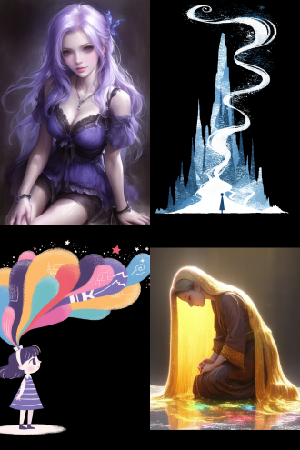 在一片漆黑的背景中，一位女孩的侧面全身轮廓清晰可见。她的姿态优雅而宁静，仿佛在沉思或祈祷。女孩的长发如瀑布般从头顶倾泻而下，一直流淌到地面。这些头发在黑暗中闪烁着奇异的光芒，仿佛每一根发丝都蕴含着神秘的力量。 当长发触及地面，它们并没有停止，而是继续流淌，形成了一条蜿蜒的河流。这条河流与众不同，它由彩虹般的光芒和点点星光组成，闪烁着七彩的光辉，宛如一条梦幻中的星河。河流在地面上缓缓流动，光芒四溢，照亮了周围的黑暗，带来了一丝温暖和希望。 女孩的侧面轮廓在星光的映照下显得格外柔和，她的面容平静而安详，仿佛与这条由头发形成的彩虹星光河流有着某种神秘的联系。她的身体微微前倾，仿佛在引导着这条河流的流向，或是与它进行着无声的对话。 在这个画面中，漆黑的背景与女孩的长发形成的彩虹星光河流形成了鲜明的对比，使得整个画面充满了神秘和梦幻的氛围。这不仅是一幅美丽的画面，更是对自然与人类之间微妙联系的一种隐喻，象征着希望、创造力和无限的可能性。国漫