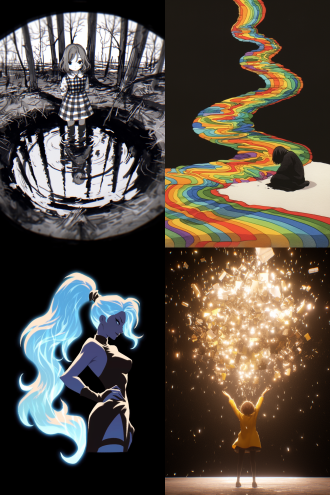 在一片漆黑的背景中，一位女孩的侧面全身轮廓清晰可见。她的姿态优雅而宁静，仿佛在沉思或祈祷。女孩的长发如瀑布般从头顶倾泻而下，一直流淌到地面。这些头发在黑暗中闪烁着奇异的光芒，仿佛每一根发丝都蕴含着神秘的力量。 当长发触及地面，它们并没有停止，而是继续流淌，形成了一条蜿蜒的河流。这条河流与众不同，它由彩虹般的光芒和点点星光组成，闪烁着七彩的光辉，宛如一条梦幻中的星河。河流在地面上缓缓流动，光芒四溢，照亮了周围的黑暗，带来了一丝温暖和希望。 女孩的侧面轮廓在星光的映照下显得格外柔和，她的面容平静而安详，仿佛与这条由头发形成的彩虹星光河流有着某种神秘的联系。她的身体微微前倾，仿佛在引导着这条河流的流向，或是与它进行着无声的对话。 在这个画面中，漆黑的背景与女孩的长发形成的彩虹星光河流形成了鲜明的对比，使得整个画面充满了神秘和梦幻的氛围。这不仅是一幅美丽的画面，更是对自然与人类之间微妙联系的一种隐喻，象征着希望、创造力和无限的可能性。 超扁平 吉卜力