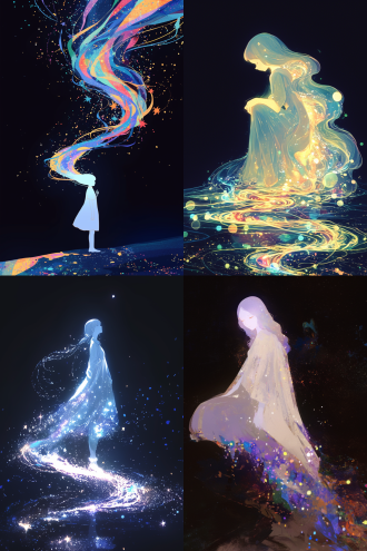 在一片漆黑的背景中，一位女孩的侧面全身轮廓清晰可见。她的姿态优雅而宁静，仿佛在沉思或祈祷。女孩的长发如瀑布般从头顶倾泻而下，一直流淌到地面。这些头发在黑暗中闪烁着奇异的光芒，仿佛每一根发丝都蕴含着神秘的力量。 当长发触及地面，它们并没有停止，而是继续流淌，形成了一条蜿蜒的河流。这条河流与众不同，它由彩虹般的光芒和点点星光组成，闪烁着七彩的光辉，宛如一条梦幻中的星河。河流在地面上缓缓流动，光芒四溢，照亮了周围的黑暗，带来了一丝温暖和希望。 女孩的侧面轮廓在星光的映照下显得格外柔和，她的面容平静而安详，仿佛与这条由头发形成的彩虹星光河流有着某种神秘的联系。她的身体微微前倾，仿佛在引导着这条河流的流向，或是与它进行着无声的对话。 在这个画面中，漆黑的背景与女孩的长发形成的彩虹星光河流形成了鲜明的对比，使得整个画面充满了神秘和梦幻的氛围。这不仅是一幅美丽的画面，更是对自然与人类之间微妙联系的一种隐喻，象征着希望、创造力和无限的可能性。 超扁平 吉卜力