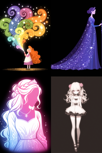 在一片漆黑的背景中，一位女孩的侧面全身轮廓清晰可见。她的姿态优雅而宁静，仿佛在沉思或祈祷。女孩的长发如瀑布般从头顶倾泻而下，一直流淌到地面。这些头发在黑暗中闪烁着奇异的光芒，仿佛每一根发丝都蕴含着神秘的力量。 当长发触及地面，它们并没有停止，而是继续流淌，形成了一条蜿蜒的河流。这条河流与众不同，它由彩虹般的光芒和点点星光组成，闪烁着七彩的光辉，宛如一条梦幻中的星河。河流在地面上缓缓流动，光芒四溢，照亮了周围的黑暗，带来了一丝温暖和希望。 女孩的侧面轮廓在星光的映照下显得格外柔和，她的面容平静而安详，仿佛与这条由头发形成的彩虹星光河流有着某种神秘的联系。她的身体微微前倾，仿佛在引导着这条河流的流向，或是与它进行着无声的对话。 在这个画面中，漆黑的背景与女孩的长发形成的彩虹星光河流形成了鲜明的对比，使得整个画面充满了神秘和梦幻的氛围。这不仅是一幅美丽的画面，更是对自然与人类之间微妙联系的一种隐喻，象征着希望、创造力和无限的可能性。 超扁平