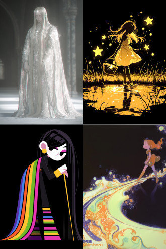 在一片漆黑的背景中，一位女孩的侧面全身轮廓清晰可见。她的姿态优雅而宁静，仿佛在沉思或祈祷。女孩的长发如瀑布般从头顶倾泻而下，一直流淌到地面。这些头发在黑暗中闪烁着奇异的光芒，仿佛每一根发丝都蕴含着神秘的力量。 当长发触及地面，它们并没有停止，而是继续流淌，形成了一条蜿蜒的河流。这条河流与众不同，它由彩虹般的光芒和点点星光组成，闪烁着七彩的光辉，宛如一条梦幻中的星河。河流在地面上缓缓流动，光芒四溢，照亮了周围的黑暗，带来了一丝温暖和希望。 女孩的侧面轮廓在星光的映照下显得格外柔和，她的面容平静而安详，仿佛与这条由头发形成的彩虹星光河流有着某种神秘的联系。她的身体微微前倾，仿佛在引导着这条河流的流向，或是与它进行着无声的对话。 在这个画面中，漆黑的背景与女孩的长发形成的彩虹星光河流形成了鲜明的对比，使得整个画面充满了神秘和梦幻的氛围。这不仅是一幅美丽的画面，更是对自然与人类之间微妙联系的一种隐喻，象征着希望、创造力和无限的可能性。 超扁平 宫崎骏