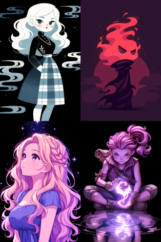 在一片漆黑的背景中，一位女孩的侧面全身轮廓清晰可见。她的姿态优雅而宁静，仿佛在沉思或祈祷。女孩的长发如瀑布般从头顶倾泻而下，一直流淌到地面。这些头发在黑暗中闪烁着奇异的光芒，仿佛每一根发丝都蕴含着神秘的力量。 当长发触及地面，它们并没有停止，而是继续流淌，形成了一条蜿蜒的河流。这条河流与众不同，它由彩虹般的光芒和点点星光组成，闪烁着七彩的光辉，宛如一条梦幻中的星河。河流在地面上缓缓流动，光芒四溢，照亮了周围的黑暗，带来了一丝温暖和希望。 女孩的侧面轮廓在星光的映照下显得格外柔和，她的面容平静而安详，仿佛与这条由头发形成的彩虹星光河流有着某种神秘的联系。她的身体微微前倾，仿佛在引导着这条河流的流向，或是与它进行着无声的对话。 在这个画面中，漆黑的背景与女孩的长发形成的彩虹星光河流形成了鲜明的对比，使得整个画面充满了神秘和梦幻的氛围。这不仅是一幅美丽的画面，更是对自然与人类之间微妙联系的一种隐喻，象征着希望、创造力和无限的可能性。彩虹芯 光绘 超扁平 宫崎骏