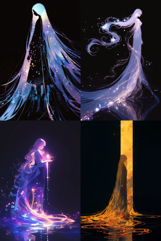 在一片漆黑的背景中，一位女孩的侧面全身轮廓清晰可见。她的姿态优雅而宁静，仿佛在沉思或祈祷。女孩的长发如瀑布般从头顶倾泻而下，一直流淌到地面。这些头发在黑暗中闪烁着奇异的光芒，仿佛每一根发丝都蕴含着神秘的力量。 当长发触及地面，它们并没有停止，而是继续流淌，形成了一条蜿蜒的河流。这条河流与众不同，它由彩虹般的光芒和点点星光组成，闪烁着七彩的光辉，宛如一条梦幻中的星河。河流在地面上缓缓流动，光芒四溢，照亮了周围的黑暗，带来了一丝温暖和希望。 女孩的侧面轮廓在星光的映照下显得格外柔和，她的面容平静而安详，仿佛与这条由头发形成的彩虹星光河流有着某种神秘的联系。她的身体微微前倾，仿佛在引导着这条河流的流向，或是与它进行着无声的对话。 在这个画面中，漆黑的背景与女孩的长发形成的彩虹星光河流形成了鲜明的对比，使得整个画面充满了神秘和梦幻的氛围。这不仅是一幅美丽的画面，更是对自然与人类之间微妙联系的一种隐喻，象征着希望、创造力和无限的可能性。 超扁平