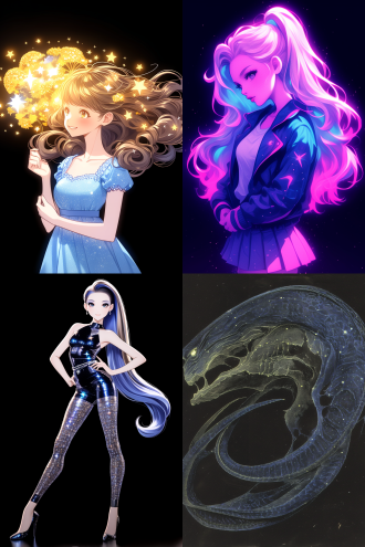 在一片漆黑的背景中，一位女孩的侧面全身轮廓清晰可见。她的姿态优雅而宁静，仿佛在沉思或祈祷。女孩的长发如瀑布般从头顶倾泻而下，一直流淌到地面。这些头发在黑暗中闪烁着奇异的光芒，仿佛每一根发丝都蕴含着神秘的力量。 当长发触及地面，它们并没有停止，而是继续流淌，形成了一条蜿蜒的河流。这条河流与众不同，它由彩虹般的光芒和点点星光组成，闪烁着七彩的光辉，宛如一条梦幻中的星河。河流在地面上缓缓流动，光芒四溢，照亮了周围的黑暗，带来了一丝温暖和希望。 女孩的侧面轮廓在星光的映照下显得格外柔和，她的面容平静而安详，仿佛与这条由头发形成的彩虹星光河流有着某种神秘的联系。她的身体微微前倾，仿佛在引导着这条河流的流向，或是与它进行着无声的对话。 在这个画面中，漆黑的背景与女孩的长发形成的彩虹星光河流形成了鲜明的对比，使得整个画面充满了神秘和梦幻的氛围。这不仅是一幅美丽的画面，更是对自然与人类之间微妙联系的一种隐喻，象征着希望、创造力和无限的可能性。彩虹芯 光绘 超扁平 宫崎骏