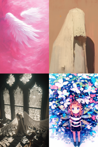 在一片散发着粉金光的柔和背景中，一位仙女静静地站立着。背景的粉金色光芒如同温暖的晨曦，柔和而宁静，为整个画面增添了一层梦幻般的氛围。 仙女身着一袭白色蕾丝长袍，长袍轻盈而飘逸，蕾丝的纹理在粉金光的映照下显得格外精致。长袍随风轻轻摆动，仿佛与周围的光芒融为一体，增添了一份轻盈与优雅。 仙女伸开双臂，仰望天空，姿态优雅而自然。她的面容宁静而祥和，眼中闪烁着对天空的向往和敬畏。她的长发轻轻飘动，与白色蕾丝长袍相得益彰，仿佛她本身就是这片粉金光中的精灵。 在这个画面中，粉金光的背景与仙女的白色蕾丝长袍相互映衬，营造出一种温暖而神秘的氛围。仙女伸开双臂仰望天空的姿态，不仅展现了她的优雅与从容，更传达出一种对未知世界的探索和渴望。这幅画面如同一幅精美的画卷，让人不禁为之陶醉，感受到一种宁静与美好的力量。彩虹芯 光绘 超扁平 宫崎骏