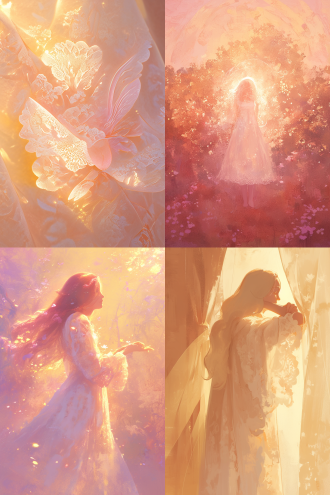 在一片散发着粉金光的柔和背景中，一位仙女静静地站立着。背景的粉金色光芒如同温暖的晨曦，柔和而宁静，为整个画面增添了一层梦幻般的氛围。 仙女身着一袭白色蕾丝长袍，长袍轻盈而飘逸，蕾丝的纹理在粉金光的映照下显得格外精致。长袍随风轻轻摆动，仿佛与周围的光芒融为一体，增添了一份轻盈与优雅。 仙女伸开双臂，仰望天空，姿态优雅而自然。她的面容宁静而祥和，眼中闪烁着对天空的向往和敬畏。她的长发轻轻飘动，与白色蕾丝长袍相得益彰，仿佛她本身就是这片粉金光中的精灵。 在这个画面中，粉金光的背景与仙女的白色蕾丝长袍相互映衬，营造出一种温暖而神秘的氛围。仙女伸开双臂仰望天空的姿态，不仅展现了她的优雅与从容，更传达出一种对未知世界的探索和渴望。这幅画面如同一幅精美的画卷，让人不禁为之陶醉，感受到一种宁静与美好的力量。彩虹芯 光绘 超扁平 宫崎骏