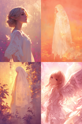 在一片散发着粉金光的柔和背景中，一位仙女静静地站立着。背景的粉金色光芒如同温暖的晨曦，柔和而宁静，为整个画面增添了一层梦幻般的氛围。 仙女身着一袭白色蕾丝长袍，长袍轻盈而飘逸，蕾丝的纹理在粉金光的映照下显得格外精致。长袍随风轻轻摆动，仿佛与周围的光芒融为一体，增添了一份轻盈与优雅。 仙女伸开双臂，仰望天空，姿态优雅而自然。她的面容宁静而祥和，眼中闪烁着对天空的向往和敬畏。她的长发轻轻飘动，与白色蕾丝长袍相得益彰，仿佛她本身就是这片粉金光中的精灵。 在这个画面中，粉金光的背景与仙女的白色蕾丝长袍相互映衬，营造出一种温暖而神秘的氛围。仙女伸开双臂仰望天空的姿态，不仅展现了她的优雅与从容，更传达出一种对未知世界的探索和渴望。这幅画面如同一幅精美的画卷，让人不禁为之陶醉，感受到一种宁静与美好的力量。彩虹芯 光绘 超扁平 宫崎骏