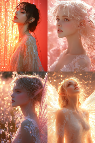 在一片散发着粉金光的柔和背景中，一位仙女静静地站立着。背景的粉金色光芒如同温暖的晨曦，柔和而宁静，为整个画面增添了一层梦幻般的氛围。 仙女身着一袭白色蕾丝长袍，长袍轻盈而飘逸，蕾丝的纹理在粉金光的映照下显得格外精致。长袍随风轻轻摆动，仿佛与周围的光芒融为一体，增添了一份轻盈与优雅。 仙女伸开双臂，仰望天空，姿态优雅而自然。她的面容宁静而祥和，眼中闪烁着对天空的向往和敬畏。她的长发轻轻飘动，与白色蕾丝长袍相得益彰，仿佛她本身就是这片粉金光中的精灵。 在这个画面中，粉金光的背景与仙女的白色蕾丝长袍相互映衬，营造出一种温暖而神秘的氛围。仙女伸开双臂仰望天空的姿态，不仅展现了她的优雅与从容，更传达出一种对未知世界的探索和渴望。这幅画面如同一幅精美的画卷，让人不禁为之陶醉，感受到一种宁静与美好的力量。